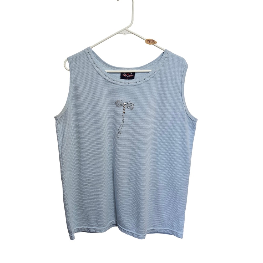 Aces Womens XL Light Blue Sleeveless Knit Top Rhinestone Bow Made in USA‎